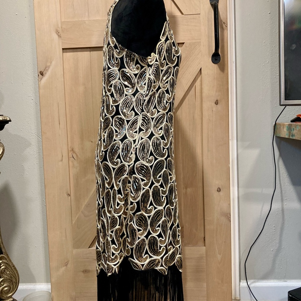 Black and Gold Sleeveless Sheath Dress Fringe Paisley Sequins - Picture 9 of 15